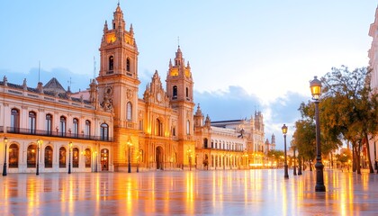 Naklejka premium A grand, illuminated church stands at the end of a cobblestone street, bathed in the soft light of dawn