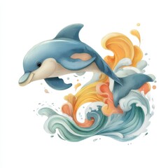 Playful illustration of a blue dolphin leaping from stylized teal and orange waves, created with a watercolor like texture. The image evokes a sense of joy and freedom.