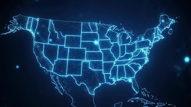 Glowing neon lines outline a map of the United States with interconnecting networks, showcasing connectivity and digital technology.