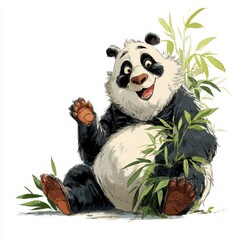 Playful Panda Bear Illustration with Bamboo Leaves