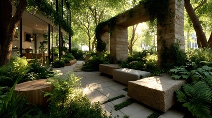 Obraz premium Lush Shrub Maze Illuminated by Ambient Landscape Lighting – Inviting Garden Composition for Eco Hotel Courtyard Design Inspiration