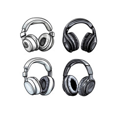 Four Stylish Headphones Black and White Over-Ear Headphone Set Illustration