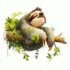A sloth sleeps peacefully on a tree branch amidst lush green foliage. The illustration features a detailed rendering of the sloth's fur, and the leaves, creating a serene and calming atmosphere.
