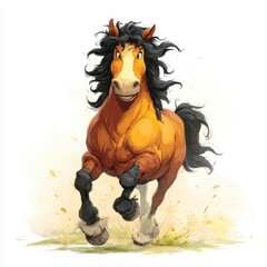A spirited chestnut draft horse with a black mane and tail runs toward the viewer against a light beige background. The horse's expression is lively, and dust is visible around its hooves.