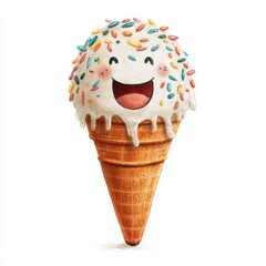 A cheerful cartoon ice cream cone with a smiling face, topped with colorful sprinkles and melting white ice cream. The cone is light brown and textured, set against a plain white background. 