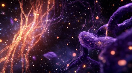 D representation of human chromosome with intertwined genetic material and data particles floating in digital space