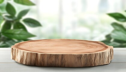 Wooden Slice on White Table with Blurred Green Background