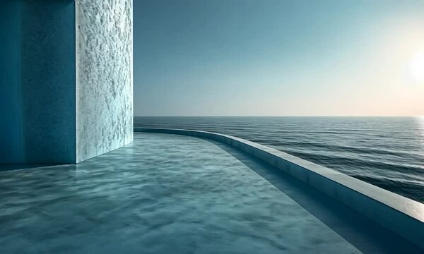 Serene coastal view with a modern architectural structure reflecting sunlight over calm waters