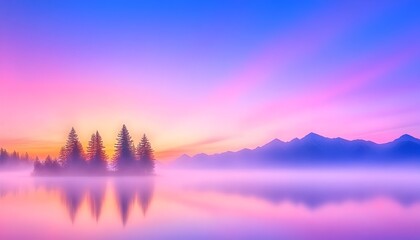 Fototapeta premium A serene landscape with a misty lake, silhouetted trees, and a vibrant pink and blue sky