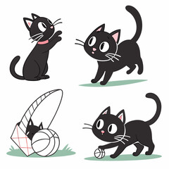 Playful Black Kittens: Cute Cartoon Cat Illustrations - Vector Graphics.