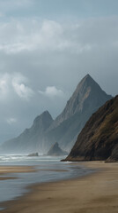 Serene coastal landscape featu dramatic cliffs rising from a sandy beach under a cloudy sky with ethereal mist hanging over the ocean horizon view.