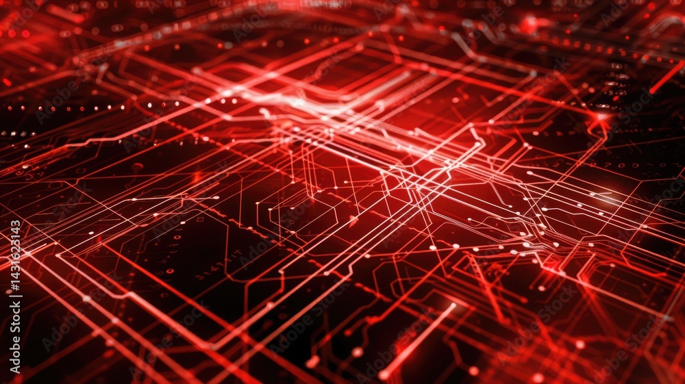 Poster abstract red circuit board pattern with glowing lights on dark background. the red hues and light ef