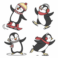 Cute Penguins Winter Fun: Adorable Hand-Drawn Illustrations - Ice Skating.
