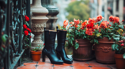 Chic ankle boots positioned on a stylish city terrace with flower pots and architectural columns in view 