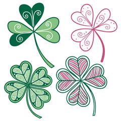 Hand-Drawn Cloverleaf Designs: Pink & Green Spring Floral Vector Graphics.