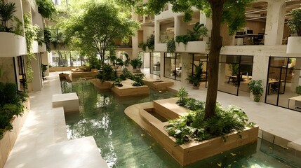Contemporary Eco Hotel Scale Model with Lush Courtyard and Houseplants &ndash; Sustainable Urban Resort Design Visual for Green Hospitality Branding