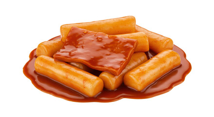 Chewy rice cakes swimming in a savory, vibrant, reddish-orange sauce