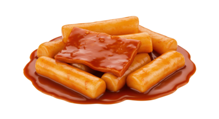 Chewy rice cakes swimming in a savory, vibrant, reddish-orange sauce