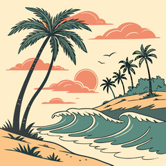 Tropical Beach Sunset: Palm Trees, Teal Waves.