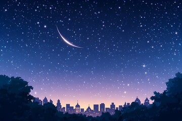 A crescent moon and a star-filled sky above a city skyline