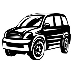 Bold monochrome illustration showcasing a stylish SUV, emphasizing design elements