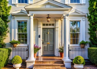 Obraz premium Georgian Cottage House Exterior, White Front Door, Porch Columns, Entrance