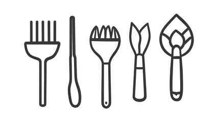 Five artistic paint brushes, isolated, white background, craft supplies