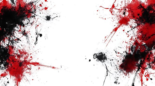 Abstract ink splashes in black and red, large white space for text