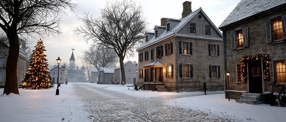 Fototapeta premium Snowy village street, Christmas tree, lit houses