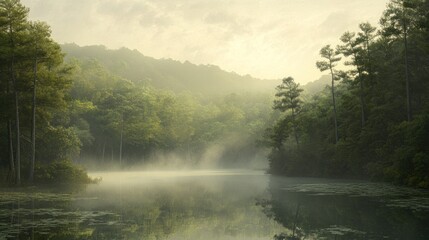 Fototapeta premium Serene misty sunrise over tranquil lake nestled in lush green forest.