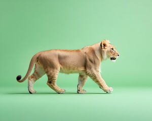 Obraz premium A lioness walks confidently across a green background, its muscular body and powerful stride captured in detail