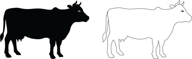 PNG image of a cow silhouette and its outline version side by side, perfect for educational content, farm themes, animal graphics, and black&white design projects. Best for eid mubarak card
