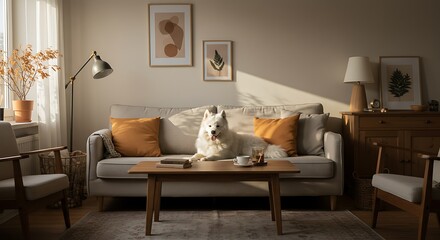 White Dog Relaxing in Cozy Living Room