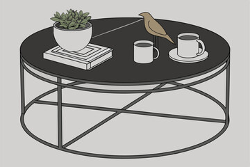 1 Circular black marble coffee table, modern minimalist design, metal frame, decorative bowl with green plants, wooden bird sculpture, ceramic cups, sleek aesthetic, interior decor, studio lighting, h
