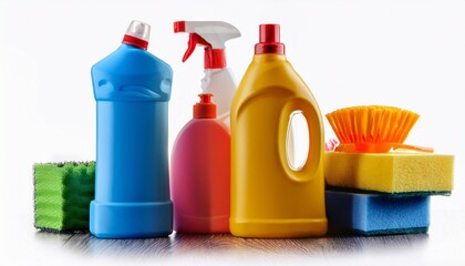 bottles with detergent and cleaning tools on white background
