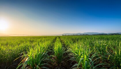 lush green sugarcane fields under clear blue sky at sunrise