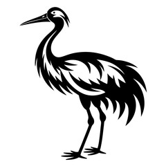 Black and white illustration of a elegant crane bird standing tall