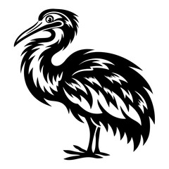 Stylized black and white vector illustration of an ibislike bird