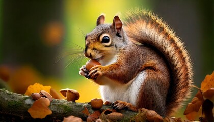 Adorable Red Squirrel Enjoying Autumn Acorn on Branch