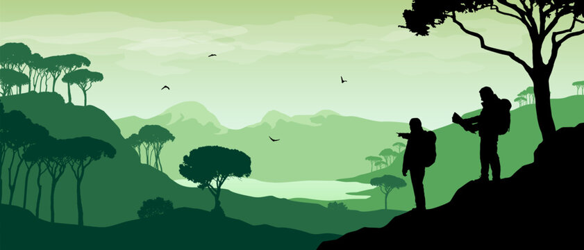 Beautiful flat wide vector landscape with hikers llooking at lake in front of mountains surrounded with subtropical trees.