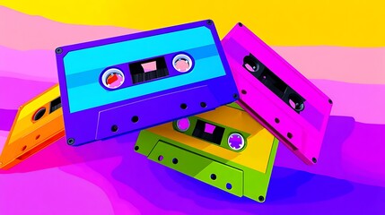 Fototapeta premium Vibrant retro cassette tapes stacked on a colorful background