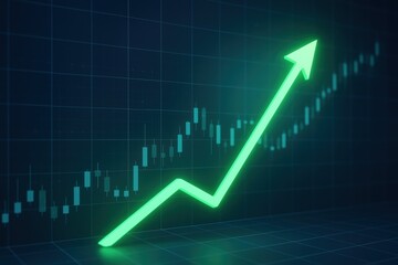 Fototapeta premium Green Arrow of Growth: A bright green arrow rises confidently on a dark blue financial chart background, symbolizing a promising upward trend and financial growth.