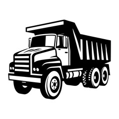 Bold black and white illustration of a vintage style dump truck