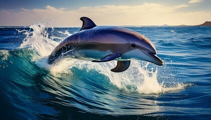 Naklejka premium Majestic Dolphin Leaping Ocean Wave Wildlife Nature Aquatic Animal Sea Mammal