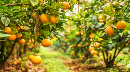 Sunny tangerine orchard with ripe citrus fruits on trees, lush green leaves, vibrant tropical farm landscape, sweet harvest vibes