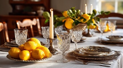 Naklejka premium Sunlit table setting with lemons, candles, & crystal glassware