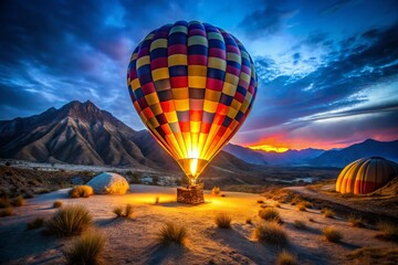 Obraz premium Glowing Hot Air Balloon at Dusk, Mountain Landscape Stock Photo
