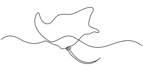 Stingray fish, sea fox continuous line drawing. One line art of predatory fish, seafood, marine animals, Continuous line drawing of manta ray. One line of stingray. Marine animal concept.