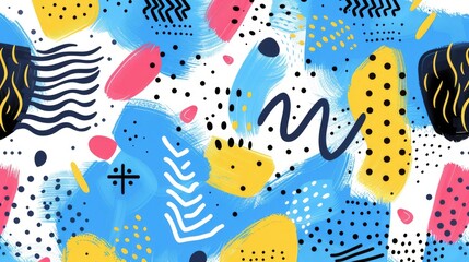 The close up of the abstract picture of the colourful memphis pattern wallpaper, memphis pattern is the design style that vibrant and mix of geometric shapes, bold colors, and playful patterns. AIG51.