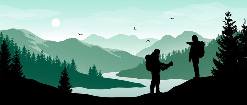 Beautiful realistic widescreen vector with hikers looking at river winding in green forested mountain landscape.